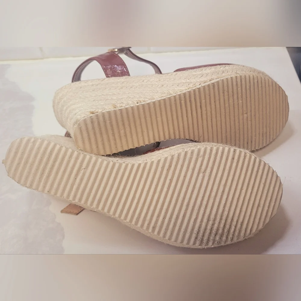 Brown T-Strap Espadrille Wedge Sandals Size 6 Summer Casual